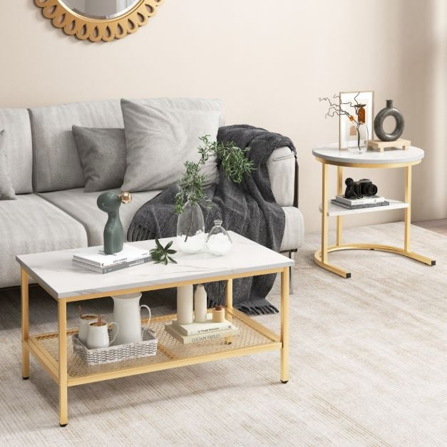 Coast 2er-Set Beistelltische - Couchtische mit goldenem Metallgestell - Max. 50KG - Gold/Weiß