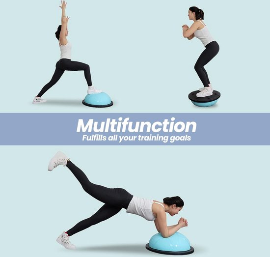 DH FitLife Balanceball, Yoga-Balancetrainer, Durchmesser 60 x 22 cm, belastbar bis 200 kg, halber Gymnastikball, Fitness-Balanceboard, Gleichgewichtsbrett mit Pumpe und 2 Fitnessbändern