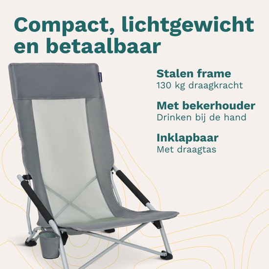 TRVLMORE Strandkorb - zusammenklappbar und faltbar - 130KG Tragkraft - leicht - mit Tragetasche und Becherhalter - hohe Rückenlehne - Grau