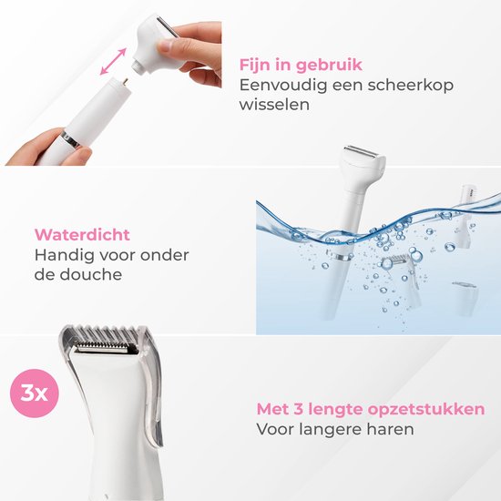 Nuvance - Ladyshave - Ladyshaves für Frauen - 4 Aufsätze - mit Augenbrauentrimmer - Bikini-Trimmer - Rasierer Frau - Lady Shave - Weiß