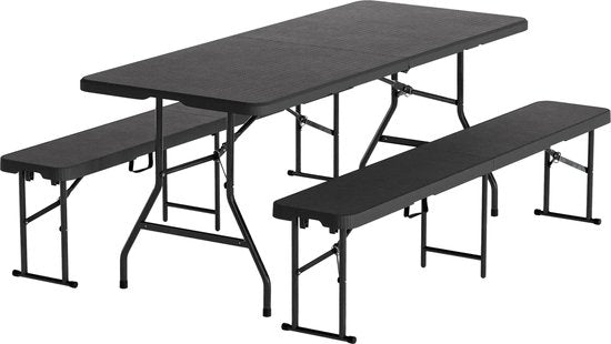 LifeGoods Faltbares Picknick-Set - 180cm x 74cm - Gartentisch mit 2 Bänken - Wetterfest - Campingtisch - Biertisch faltbar - Für Innen und Außen - Für 6 bis 8 Personen - Rattan Schwarz