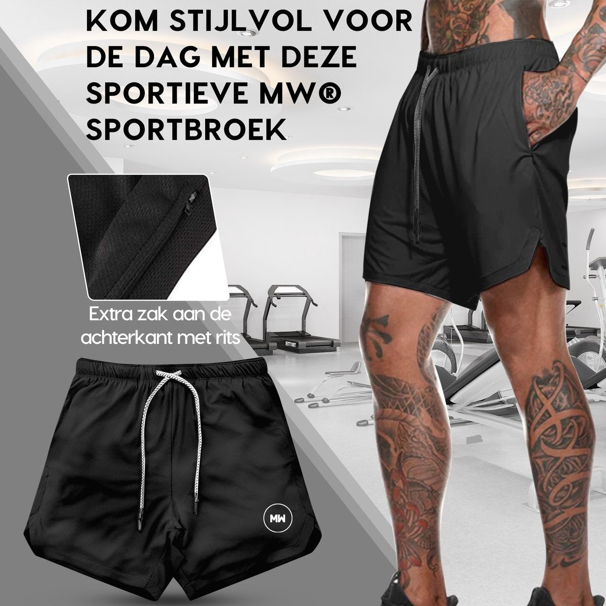 MWÂ® - Sporthosen für Männer - Fitnesshosen - Laufhosen - Sportbekleidung - 2 in 1 Shorts - (Schwarz - L)