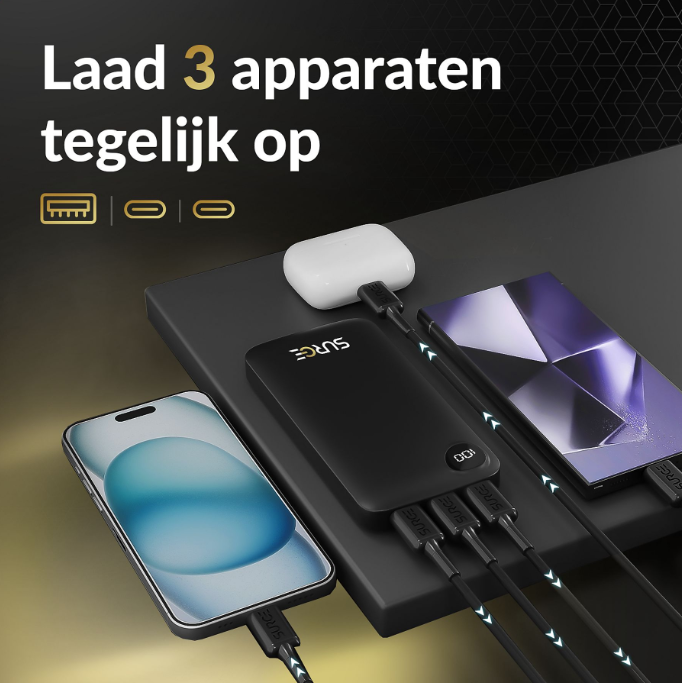 Surge C-Twin Powerbank 10.000mAh 22,5W - 2x USB-C + USB - Schwarz - Kompakt 14,2 x 6,8 x 1,6 cm