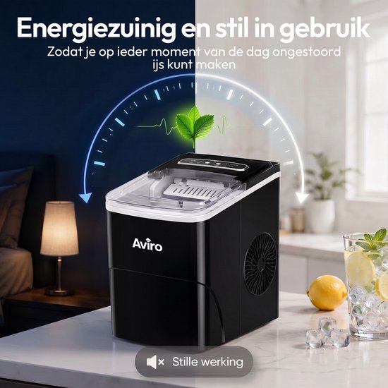 Aviro Eiswürfelmaschine XL – 2 l – Mit Eislöffel – Eiswürfelbereiter – 16 kg / 24 Std. – Selbstreinigungsfunktion – Schwarz