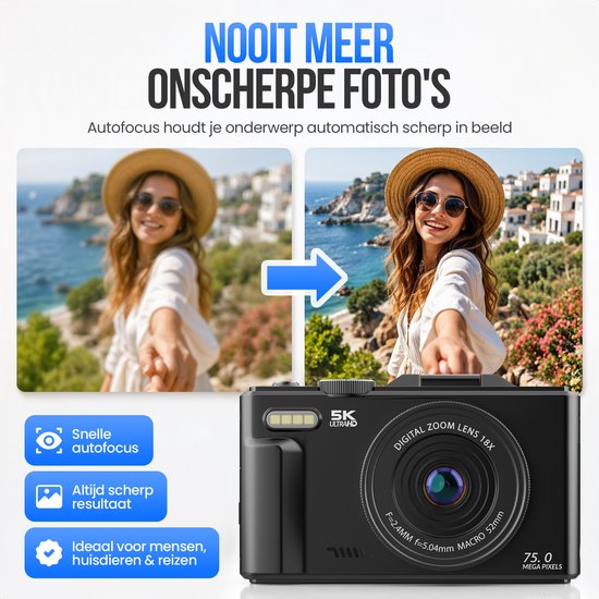 Strex Digitalkamera 5K 75 MP – Fotokamera – Kompaktkamera mit WLAN – Vlog-Kamera – Fotokamera für Kinder – 18-facher Zoom – schwenkbares Display – Schwarz