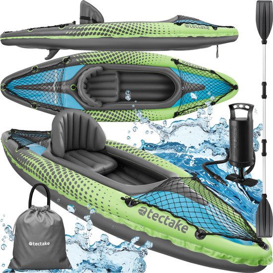 tectake - Aufblasbares Kajak - Aufblasbares Kanu für 1 Person mit Doppelpaddel und Zubehör - Sitz, Pumpe, Transporttasche - Wassersport - Ruderboot