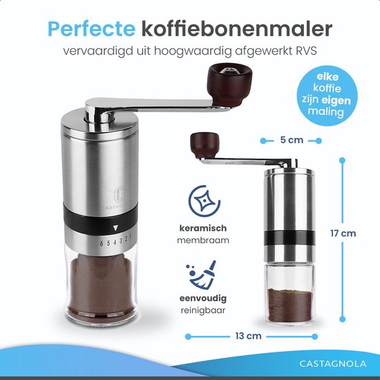 Castagnola Kaffeemühle - Manuelle Kaffeemühle - Mühle für Kaffeebohnen - Mühle für Bohnen mit 6 Stufen - Gewürzmühle - Edelstahl
