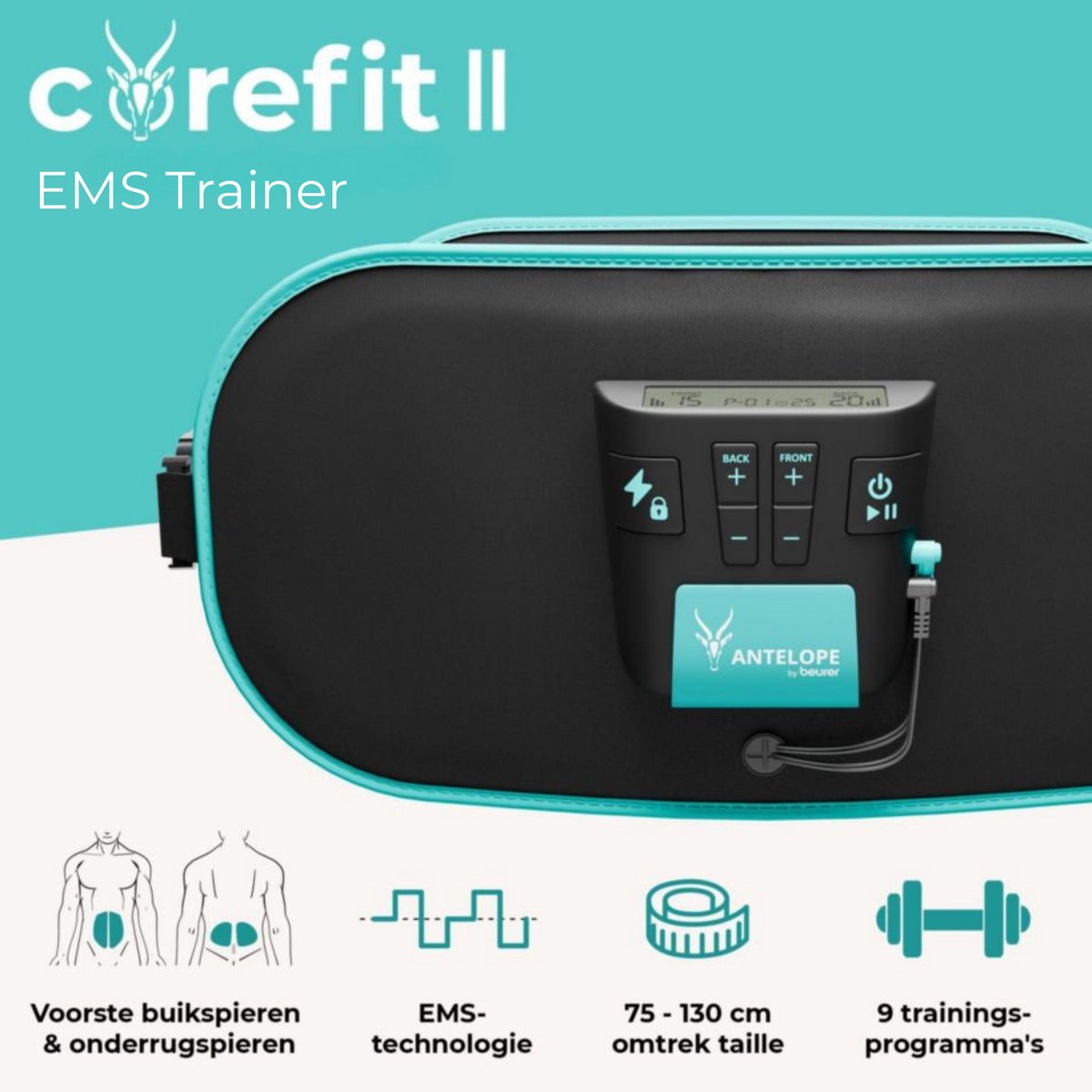 Antelope Corefit II EMS Trainer - Elektrischer Bauch- und Rückenmuskeltrainer - 9 Programme - einstellbare Intensität - Taille 75-130 cm - inkl. Batterien - für Männer und Frauen