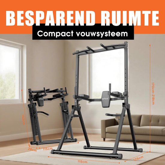 DH FitLife Foldable Power Tower Dip Station bis 210 kg | Freistehende Klimmzugstange mit Dip Bars und Rückentrainer | Power Station Strength Tower