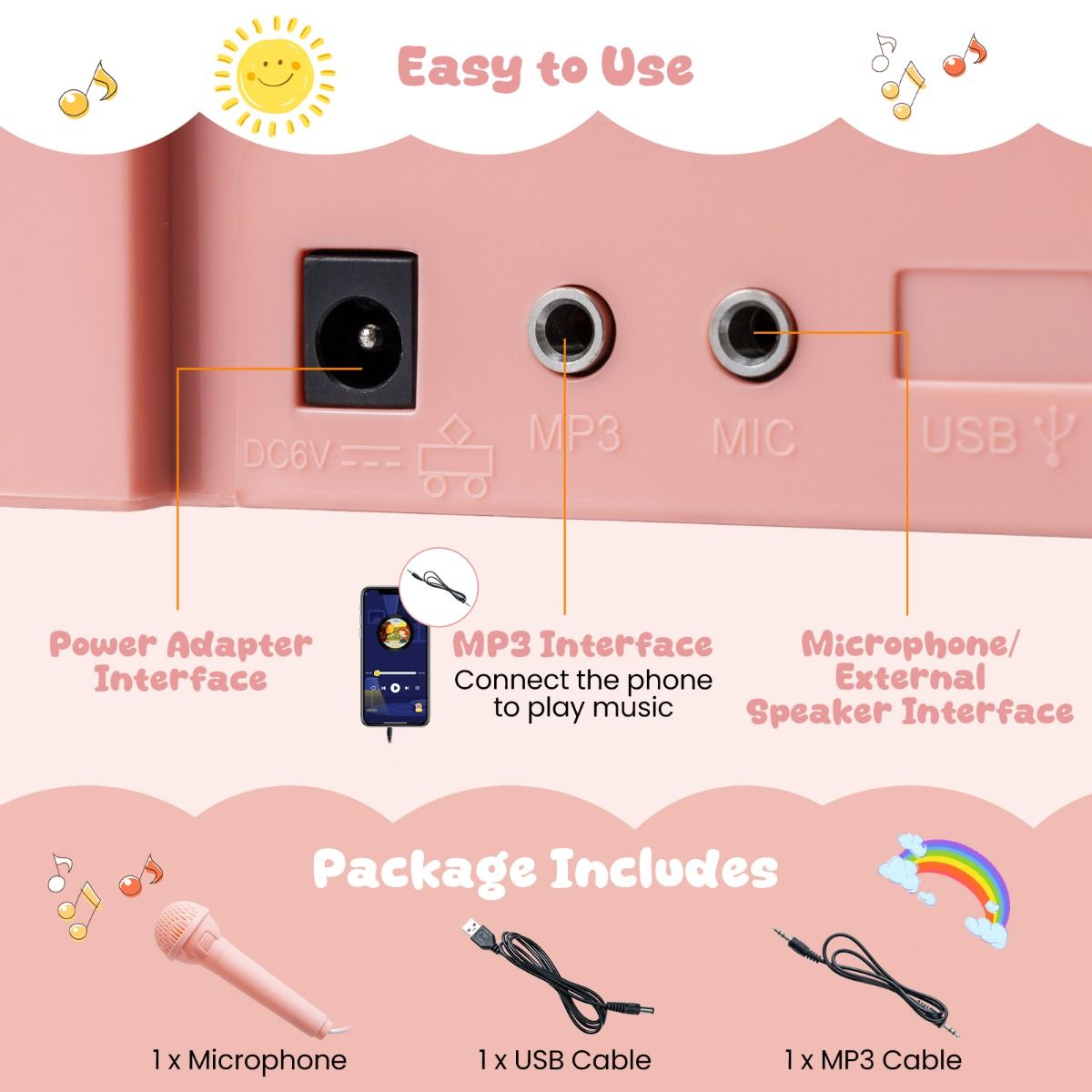 Coast Kinderkeyboard – 25 Tasten – mit Hocker, Notenständer und Mikrofon – rosa und grau