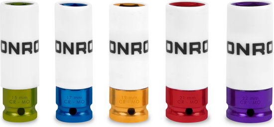 VONROC Steckschlüsselsatz - Universal - ½ Zoll - 5 Stück: 15, 17, 19, 21 und 22mm | Mit Teflonschutzhülse