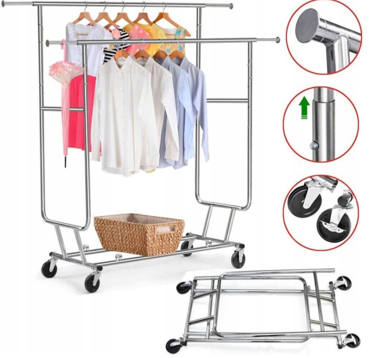 Yaheetech Kleiderständer 128 x 55 x 173 cm – Silber – Fahrbar – 130 kg – Doppelte Kleiderstange