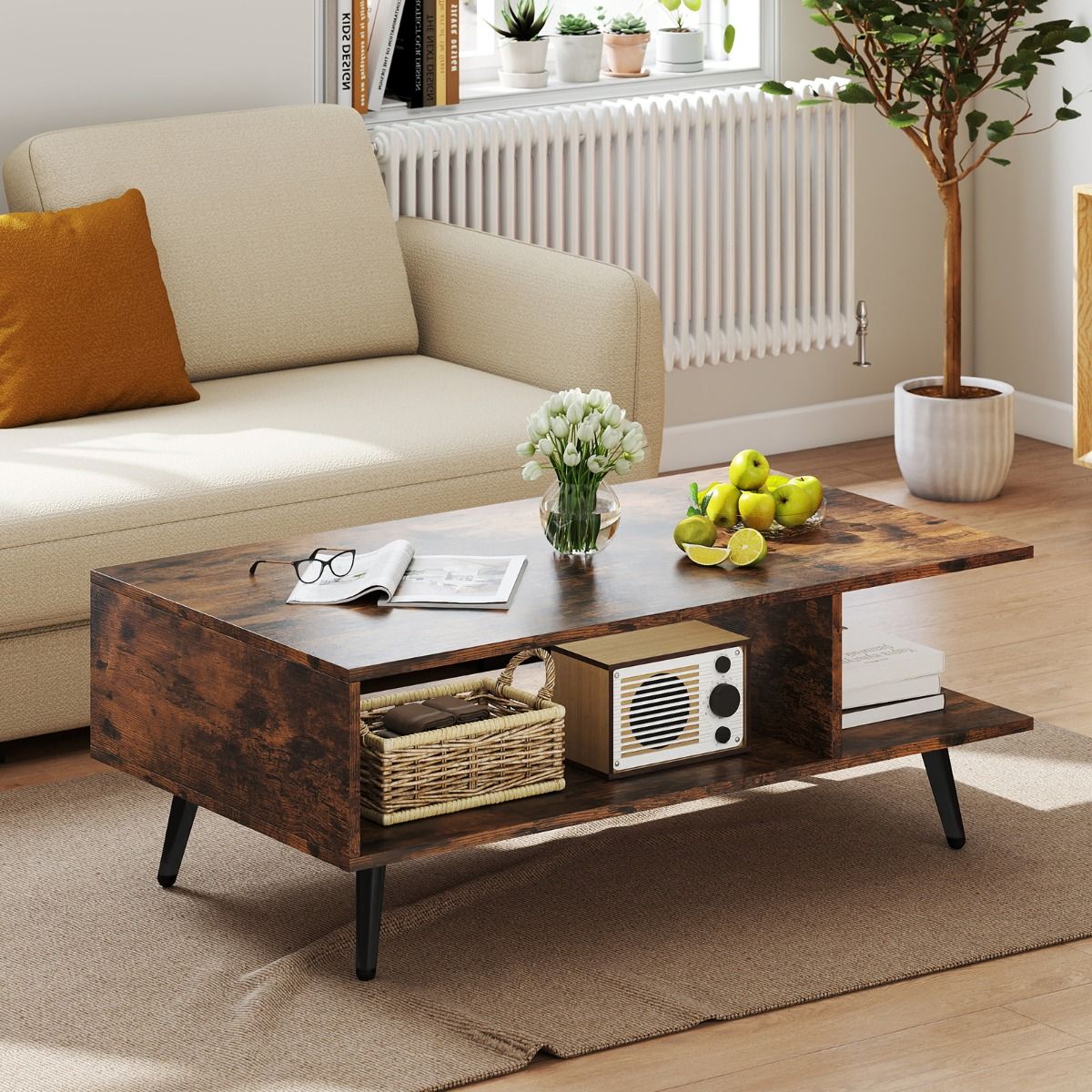 coast Couchtisch 2-stöckig - rustikal braun - 80 x 45 x 30 cm - offene Ablage & Metallbeine
