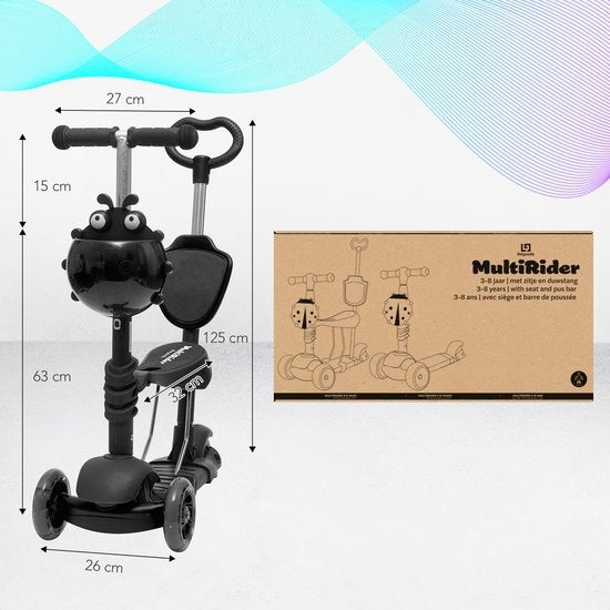 LifeGoods MultiRider - Kinder-Roller - Mit Schiebestange - 3 -8 Jahre - Jungen/Mädchen - 3 leuchtende Räder - Schwarz