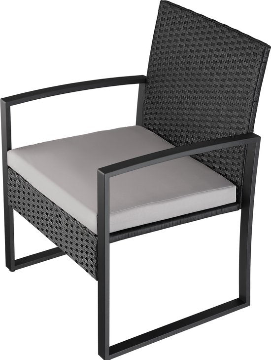 tectake - Geflechtsitzgruppe 2x Sessel mit Tisch, Balkonmöbelset, Gartenmöbel, Balkonmöbel, kleine Lounge, gepolsterte Stühle inklusive Gartentisch, wetterfest - schwarz - Poly-Rattan