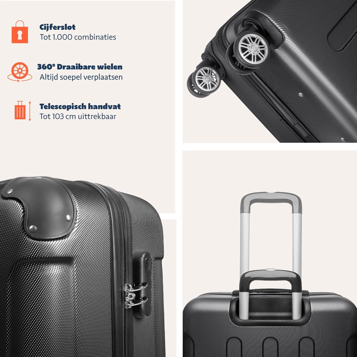 TRVLMORE - Kofferset - 3 Stück - 38L (Handgepäck) + 70L + 110L - Schwarz