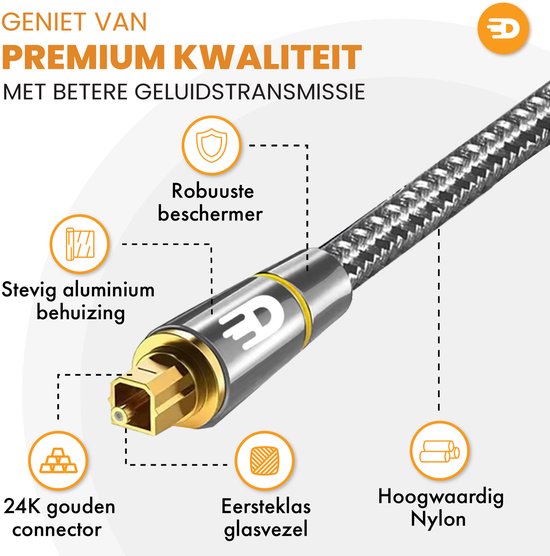 Drivv. Premium Toslink-Optikkabel aus Nylon – Optisches Audiokabel – Soundbar – Stecker-Stecker – 2 Meter – Grau