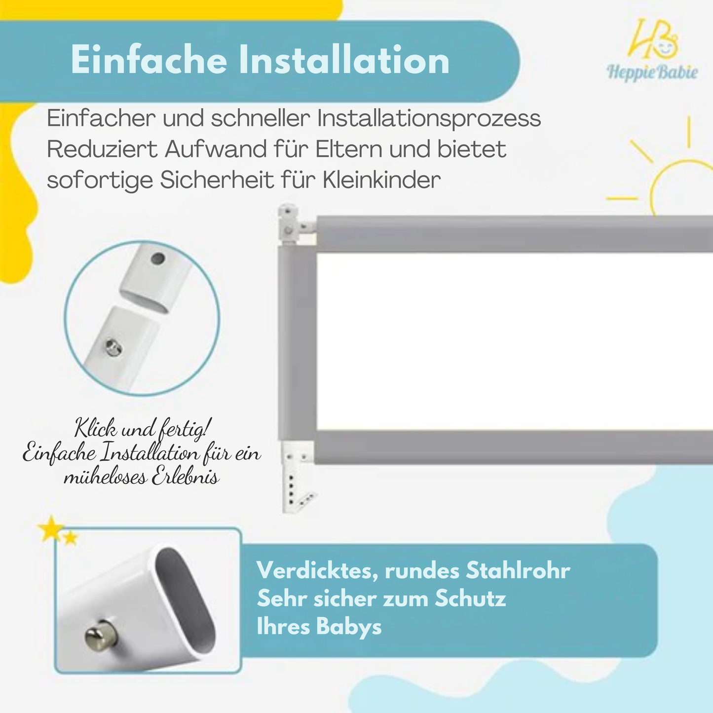 HeppieBabie Bettgitter - Universal - 150 CM - Verstellbar - mit Sicherheitsnetz - Bettgitter - Grau