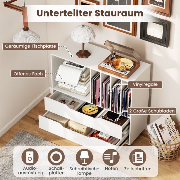 Coast Plattenspieler-Möbel Weiß - Retro-Vinylschrank mit 4 Plattenfächern und 2 Schubladen - 91 x 36 x 87 cm