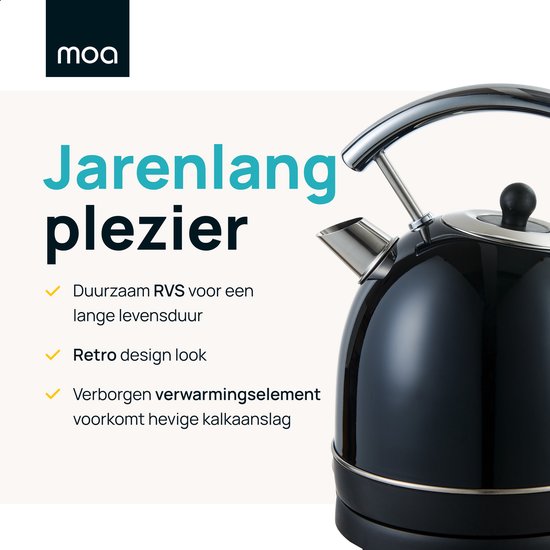 MOA Wasserkocher Retro - 1,8 Liter - Elektrischer Wasserkocher - Anti-Kalk-Filter - BPA-frei - Edelstahl - 2200W- Schwarz