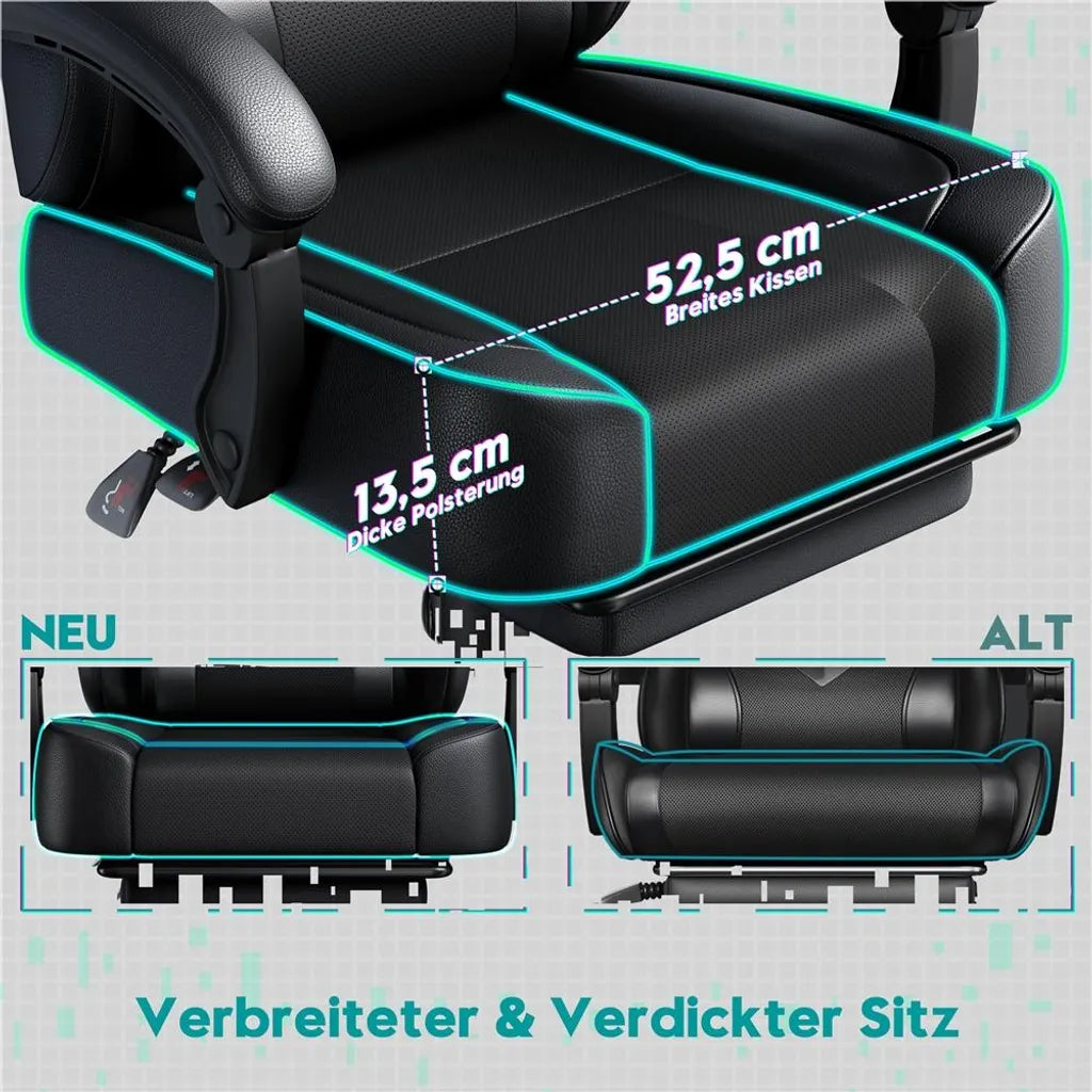 Yaheetech Gaming Chair 72 × 72 × 124,5-134 cm - Schwarz - Ergonomischer Gaming Chair mit Massagefunktion, Fußstütze und verstellbarer Höhe