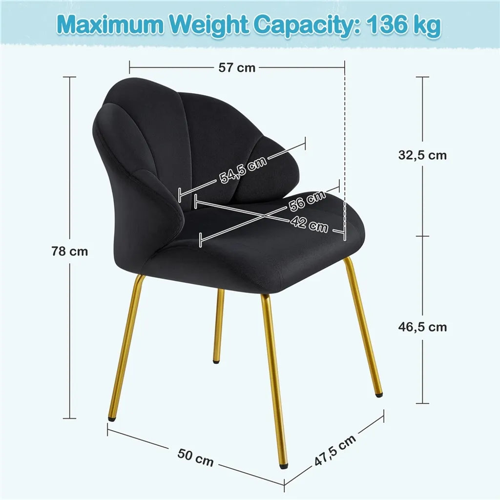Yaheetech Esszimmerstuhl 56 x 57 x 78 cm – Muschelform – Samt – Schwarz