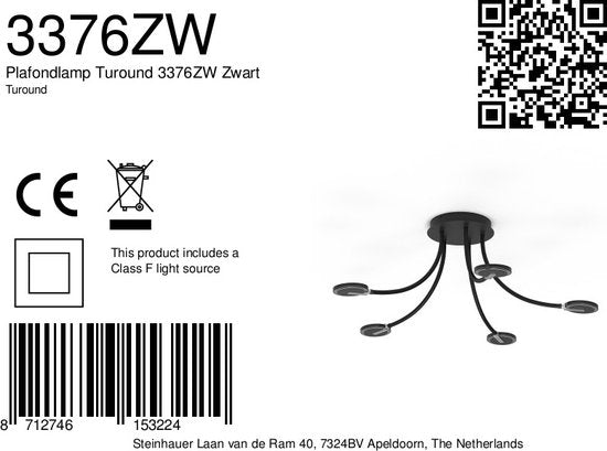 Deckenleuchte Turound 3376ZW Schwarz – dreh- und neigbar, aus Glas und Metall, Ø 91,5 cm, Steinhauer