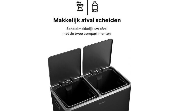 Homra QUICKX Duo - Mülleimer - Mülltrennung - 2 Fächer - Edelstahl - 60 Liter (2x30 L) - Schwarz