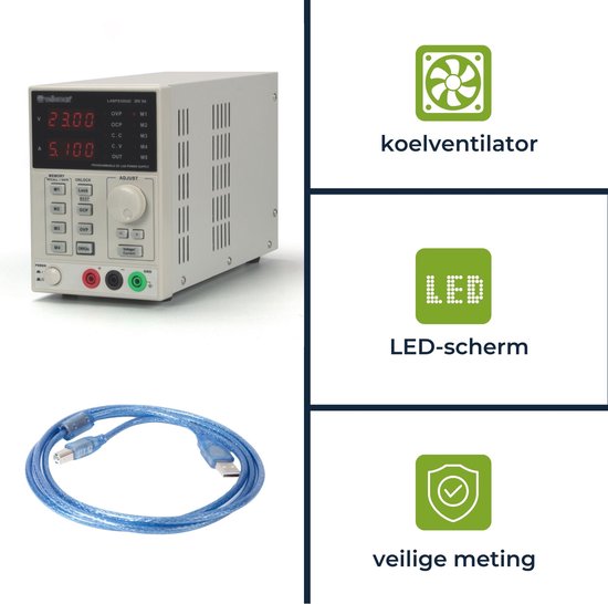 Velleman Labornetzgerät, programmierbar über PC, einstellbar, 0-30 VDC/5 A, Strombegrenzung, Kurzschlussschutz, zwei 4-stellige LED-Anzeigen, USB-Anschluss