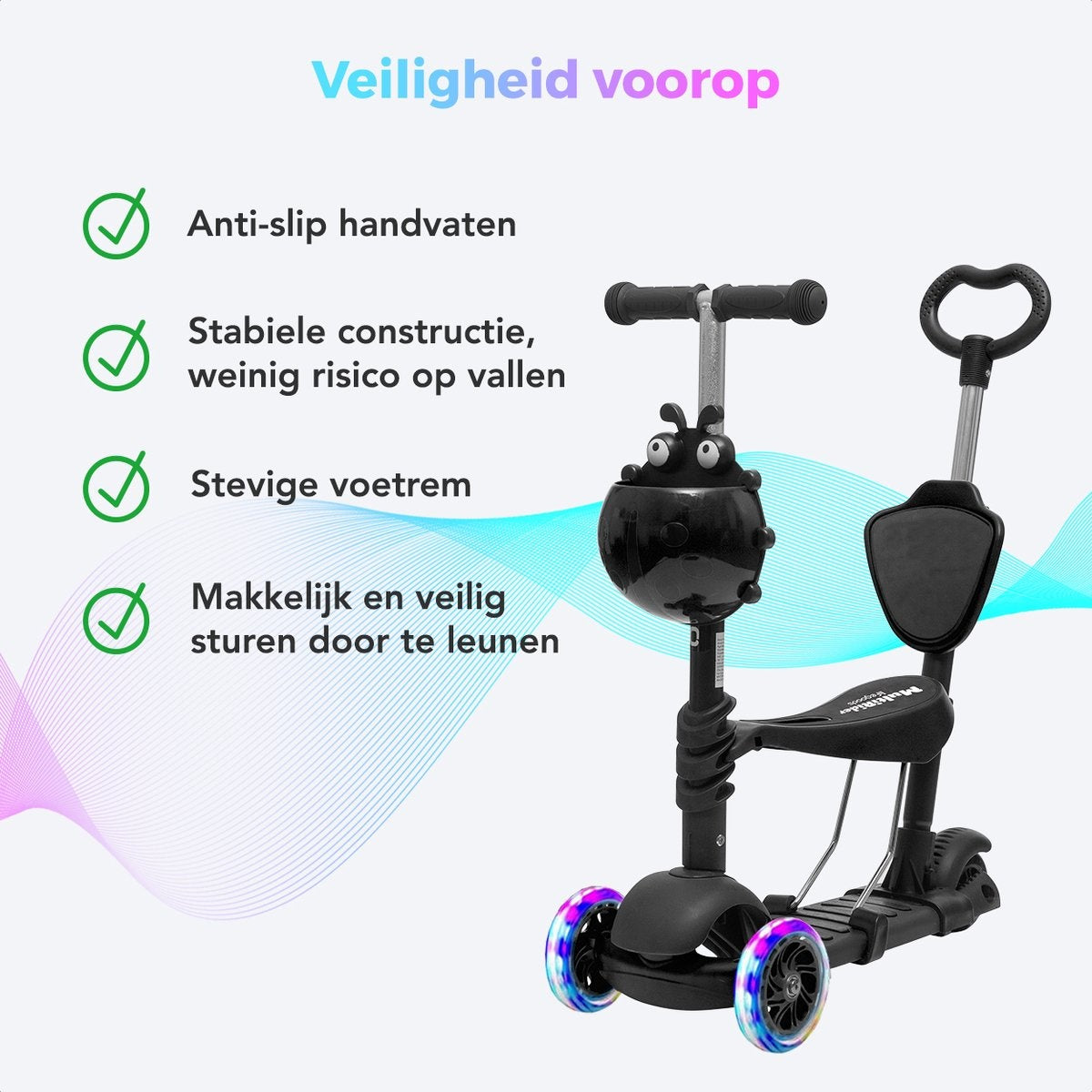 LifeGoods MultiRider - Kinder-Roller mit Schiebestange - 3 -8 Jahre - Jungen/Mädchen - 3 leuchtende Räder - Schwarz