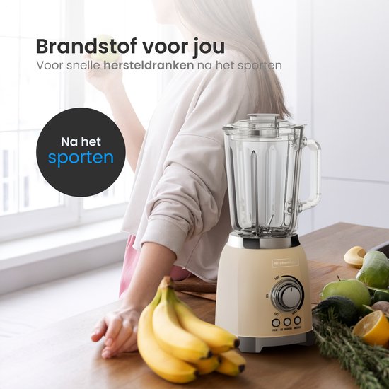 KitchenApp Retro Blender 1.5L - Glaskrug - 800W - Crushed Ice, Smoothie & Pulse - Beige