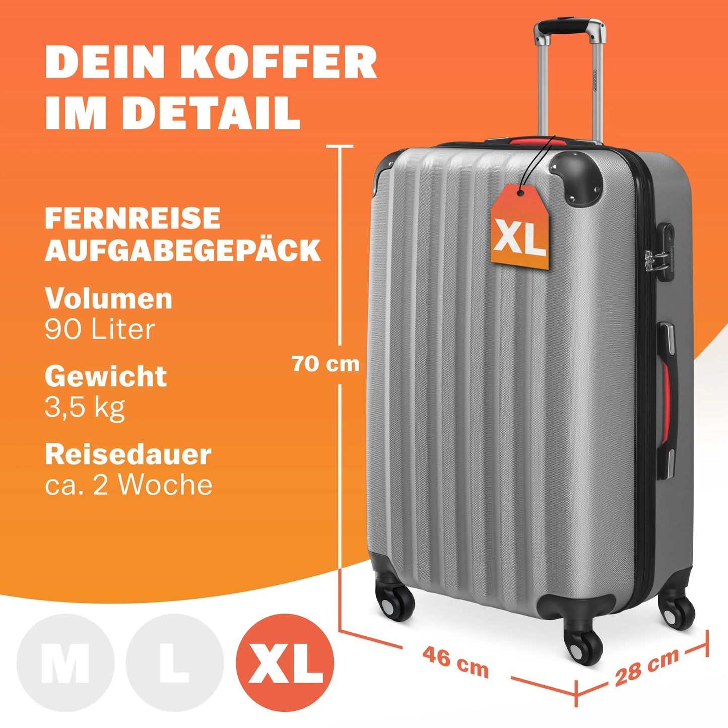 Hartschalenkoffer XL – 90 l – 360°-Rollen – ABS – Silber