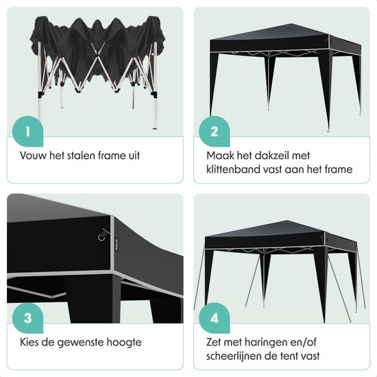 LifeGoods Party Tent Plus - Faltzelt - 3x3 m - Easy Up - Verstärkter Rahmen - Wasserdicht - Tragetasche - Schwarz