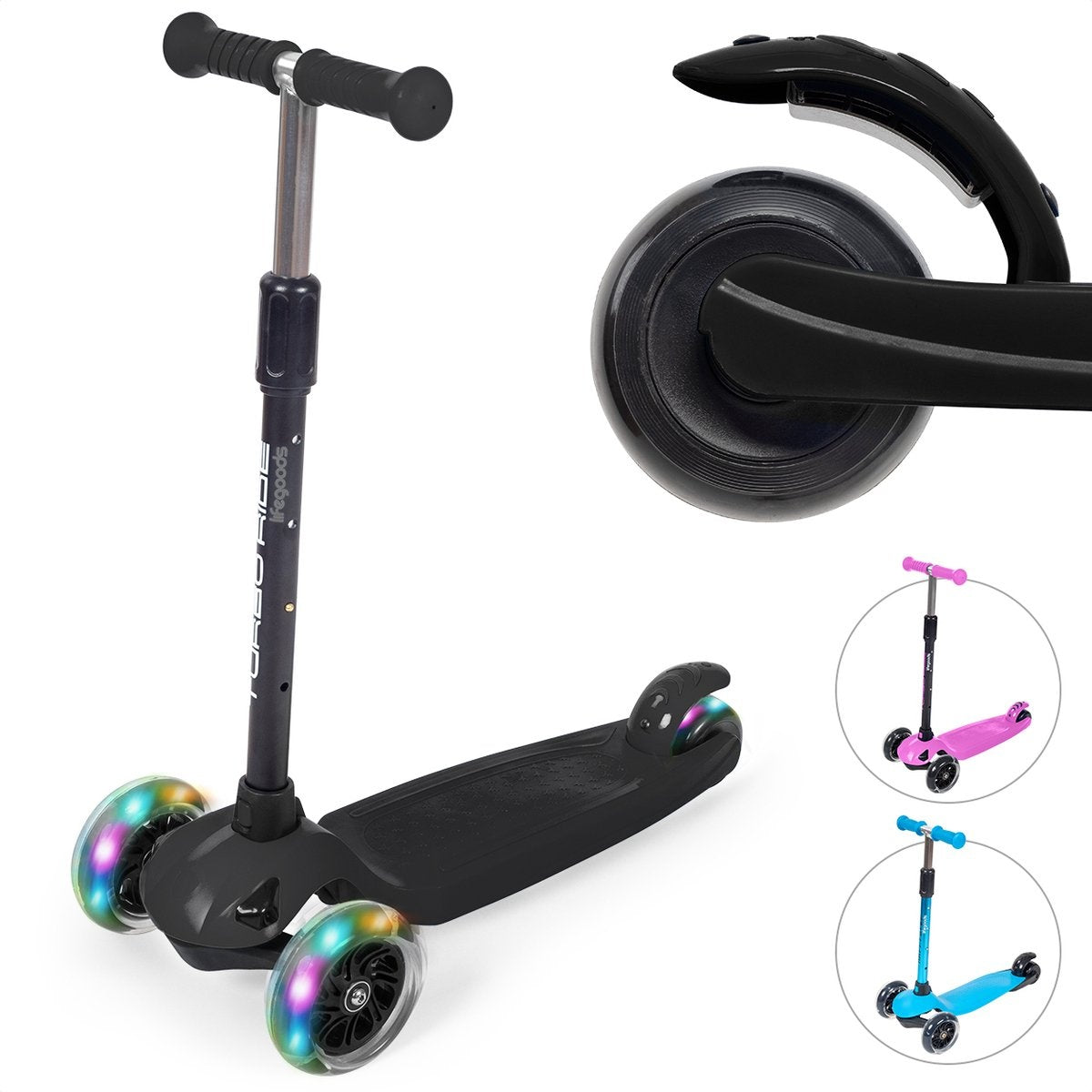 LifeGoods TurboRide Kids' Scooter - Stufe 5-8 Jahre - 3 leuchtende Räder - Jungen/Mädchen - Schwarz