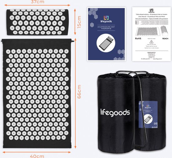 LifeGoods Akupressurmatte mit Kissen - Shakti Matte - Nagelmatte inkl. 2x Triggerpunkt Ball - 66x40x2cm - Schwarz/Weiß