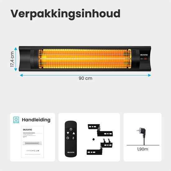 Auronic Terrassenheizer - Elektrisch - 2500W - Fernbedienung - 4 Stufen - IP55 - Schwarz