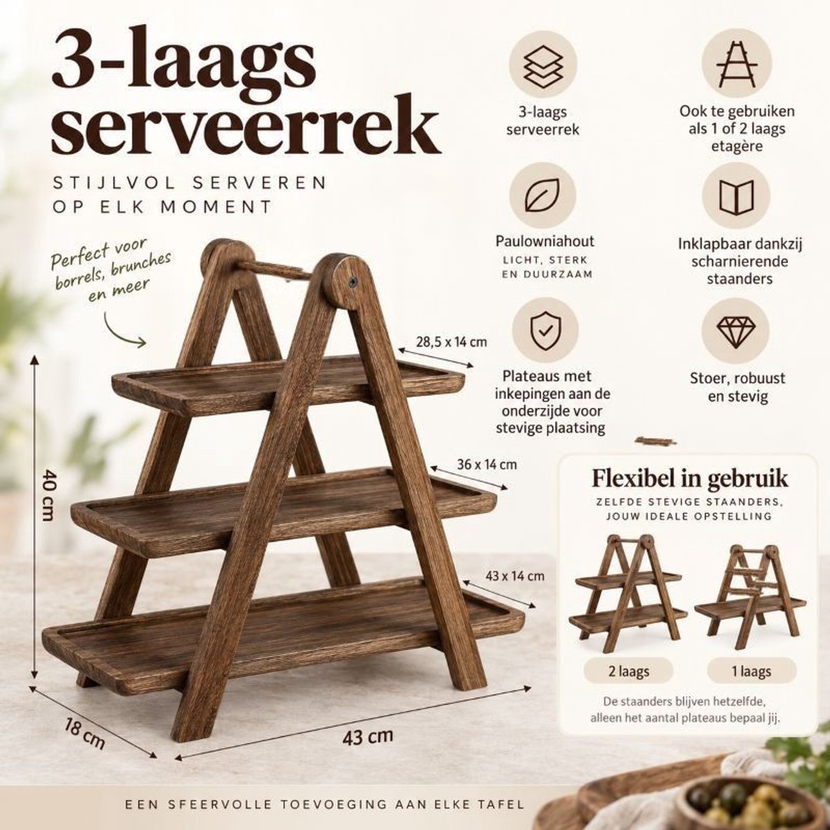 Ceruzo Serviergestell aus Holz mit 3 Ebenen – Zusammenklappbare Etagere – 43 x 18 x 40 cm