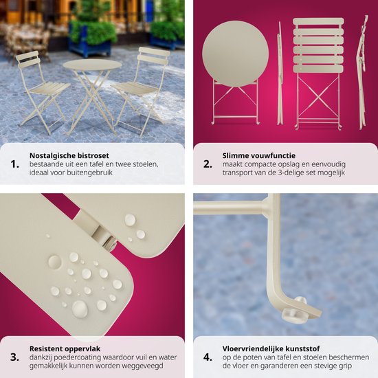 tectake - Klappbares Bistro-Set für 2 Personen mit Stahlgestell, Tisch und Gartenstühlen - Für Balkon und Terrasse - Outdoor-Set - Garten-Set - Klapptisch und Klappstühle - elegantes Design - creme