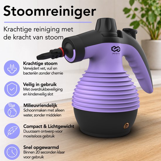 Infinity Goods Dampfreiniger – 12-in-1-Handdampfreiniger – Handdampfreiniger – Fleckenentferner – Teppichreiniger – 10 Aufsätze – 1050 Watt – 3,2 bar – Lila