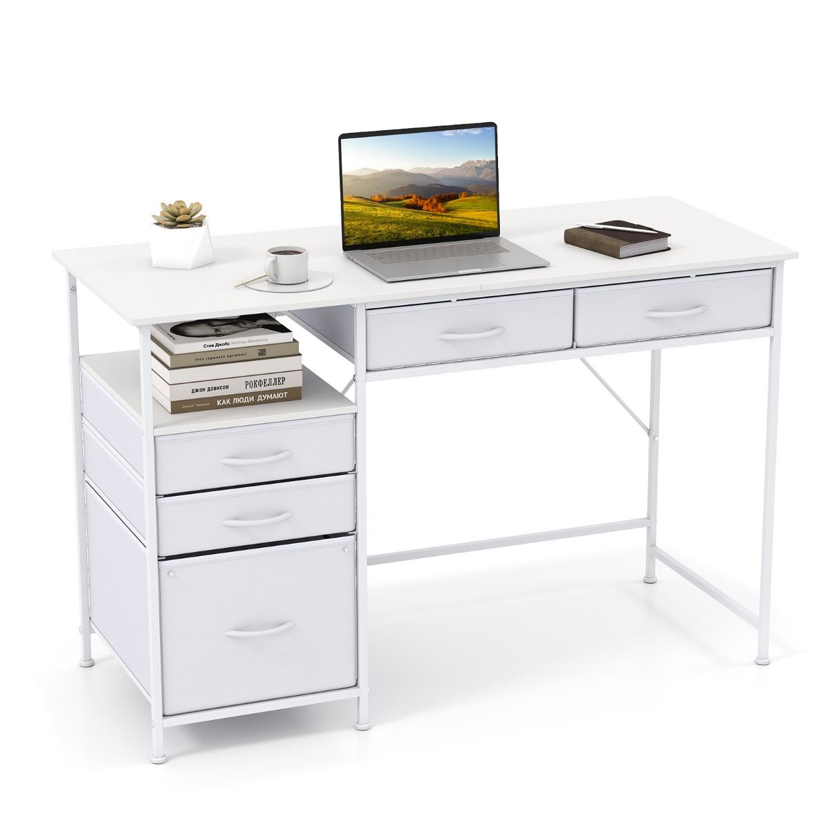 Coast Computertisch – mit Stauraum und offenem Regal – 5 Stoffschubladen – Metallgestell – 120 x 50 cm – Café & Schwarz
