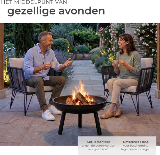 tectake® Feuerkorb Diablo – Hitzebeständiger Stahl – Feuerschale mit Feuerzange – Ø 57,5 cm – Gartenkamin – Stimmungsfeuer für den Außenbereich – Mit Griffen und Wasserablauf – Für Brennholz und Holzkohle