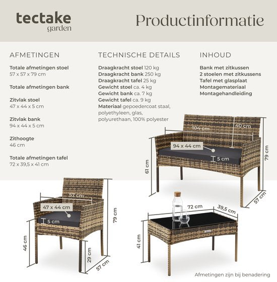tectake® - Geflecht-Gartenset Palese - Sitzgruppe für 4 Personen - Gartenmöbelset mit Loungebank, Gartentisch und 2 Gartenstühlen inklusive Sitzkissen - Gartenmöbel - Wasserfest - Grau