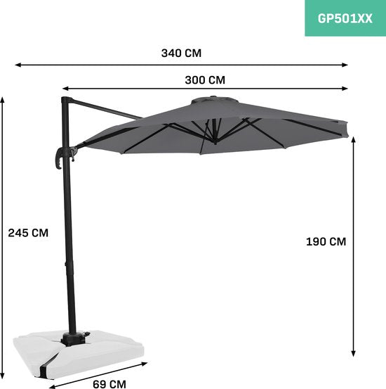 VONROC Premium Floating Parasol Bardolino Ø300cm - Inkl. Kreuzfuß & Schutzhülle - Runder Sonnenschirm - 360° drehbar - Neigbar - UV-beständiges Tuch - Grau
