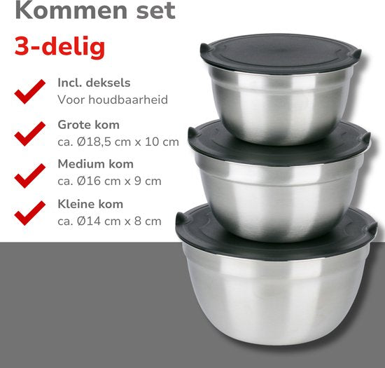 Alpina Edelstahl-Schüsseln, 3-teilig mit Deckel – Salatschüssel – Rührschüssel mit Deckel – Schüsseln zum Mischen und Aufbewahren – Snackschale