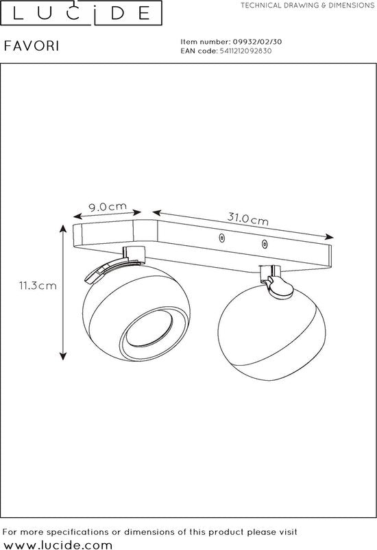 Lucide FAVORI – Deckenstrahler (Deckenleuchte) – 2xGU10 – Schwarz