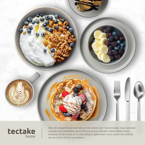 tectake® Geschirrset Una – 30-teilig – Steingut – für 6 Personen – stilvolles und langlebiges Geschirr – Set mit großen und kleinen Tellern, Schüsseln, Schälchen – Tassen – grau