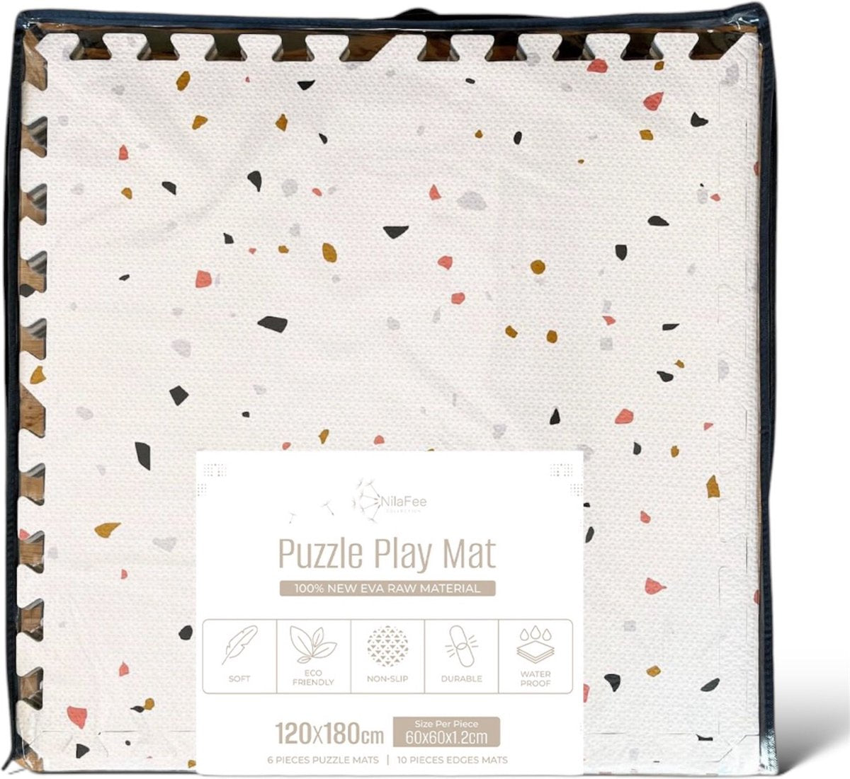 NilaFee Luxus-Spielmatte für Babys – Terrazzo-Puzzlematte – 180 x 120 x 1,5 cm – Classic Weiß