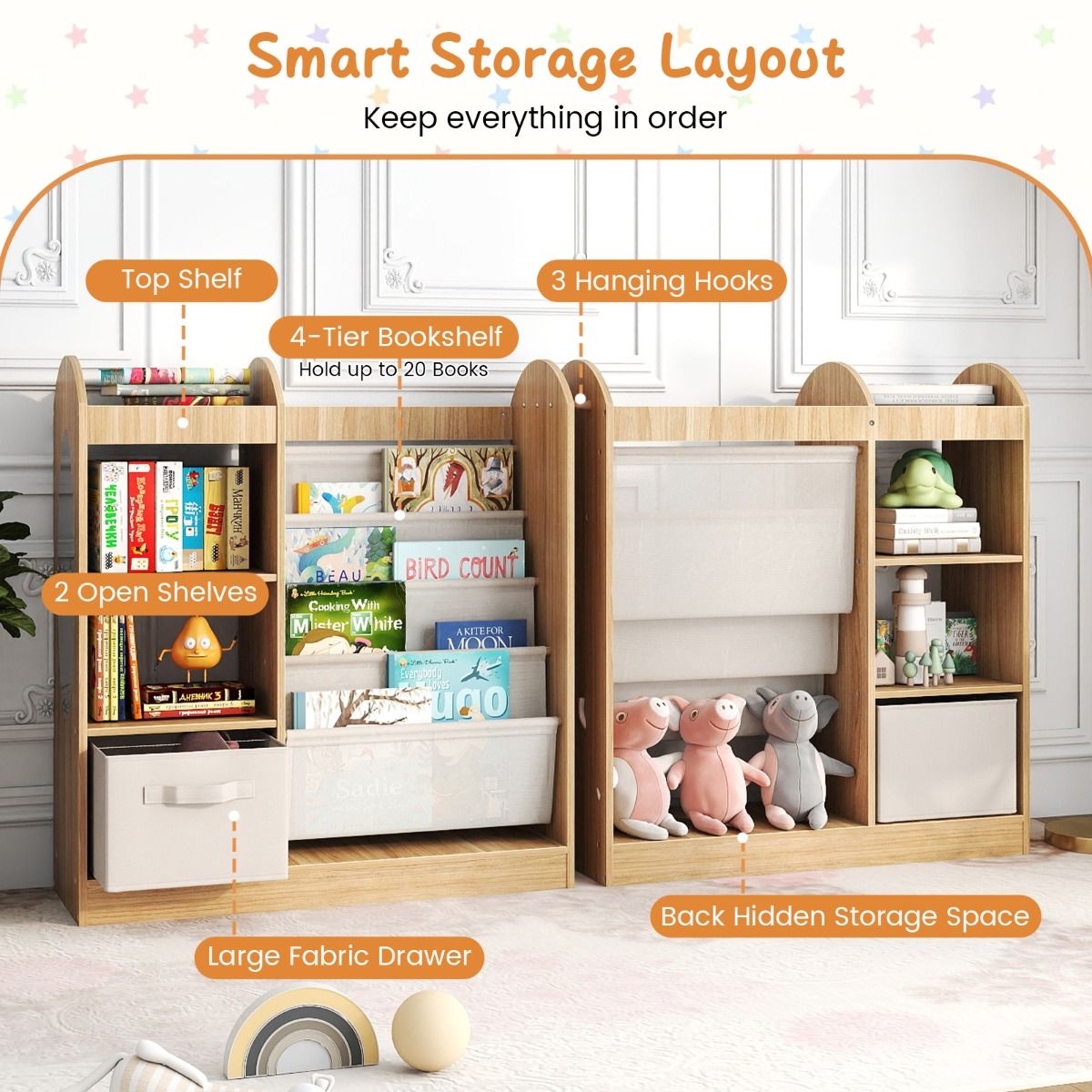 Coast Kinderbücherschrank mit Ganzkörperspiegel – 4-stöckiges Bücherregal, Stoffschublade und Haken – Naturfarben – 87,5 x 30 x 90 cm