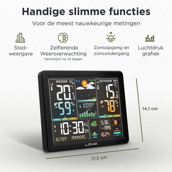 LONQ - Innen- und Außenwetterstation Q5 - Inkl. Batterien - Funkwetterstation mit Außensensor - Thermometer Hygrometer - Farbdisplay - DCF-gesteuerte Uhr - Schwarz