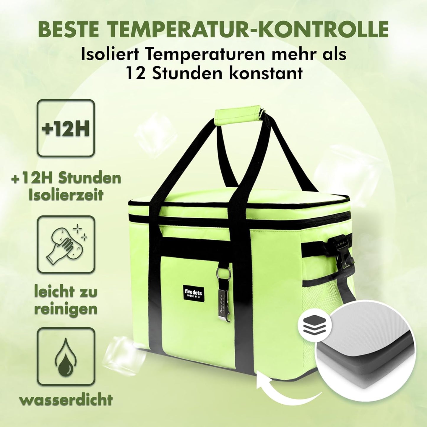five Dots Kühltasche - 30L Kapazität - Wasserdicht - 26 x 41 x 31 cm - Grün